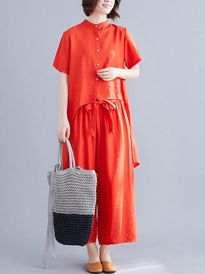 Loose Stand Collar Shirt + Wide Leg Pants Suit