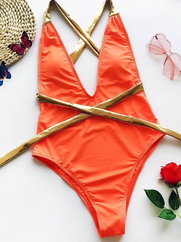 Split-Joint Bronzing Bandage Backless Split Bikini Swimsuit