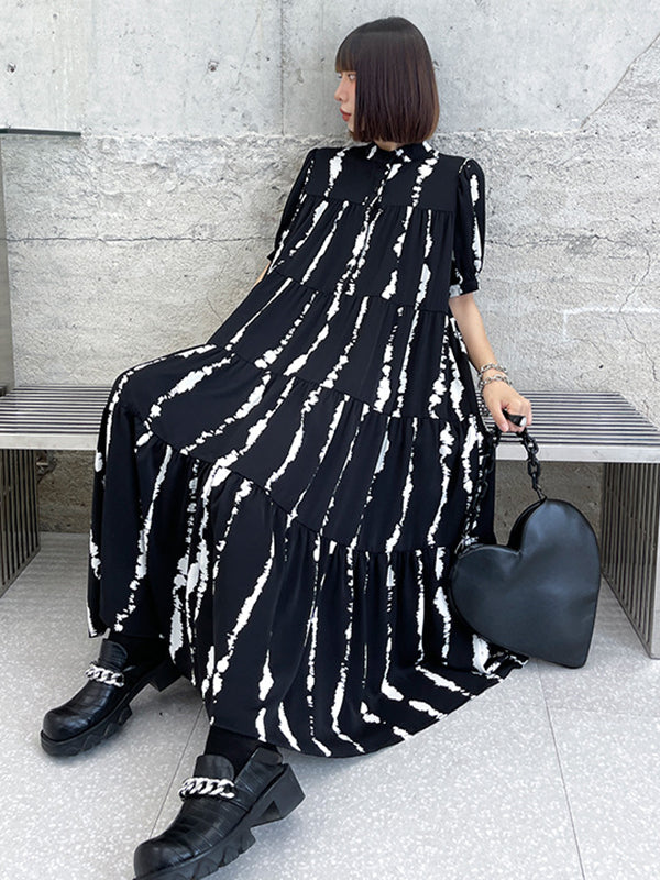 Vintage A-Line Printed Black Midi Dress