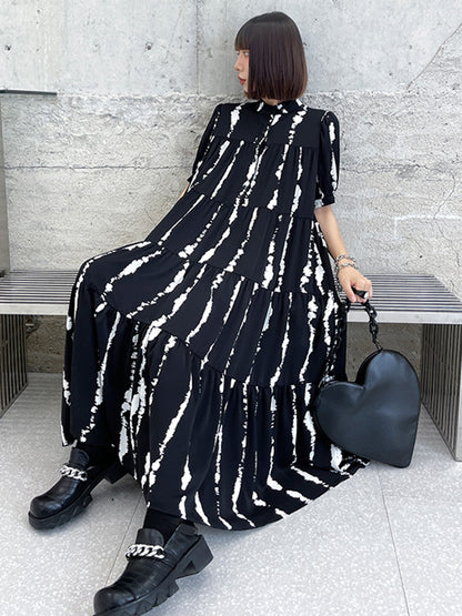 Vintage A-Line Printed Black Midi Dress