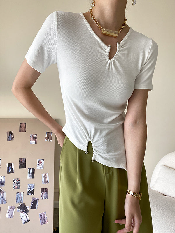 Original Casual Solid Color Pleated Skinny T-Shirt Top