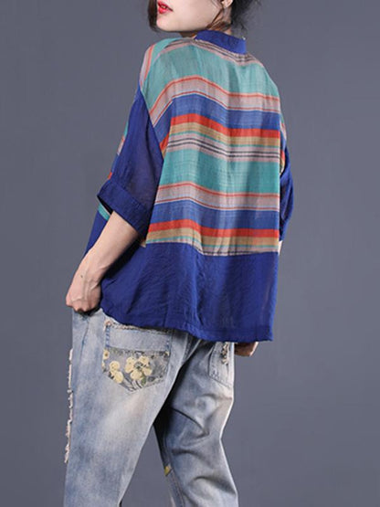 Office Loose V-neck Striped Blouse