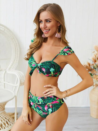 Tropical Print Tie Front Bikini Swimsuit