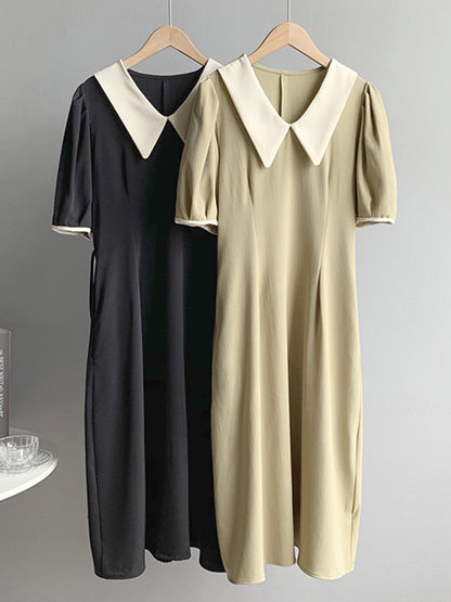 Urban Solid Color Bandage A-Line Lapel Short Sleeves Midi Dress