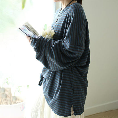 Buykud Retro Classic Stripe Batwing Sleeve Loose Shirt