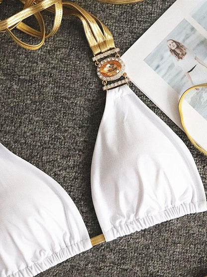 Gorgeous Embellished Triangles Bandage Split Bikini Swimsuit