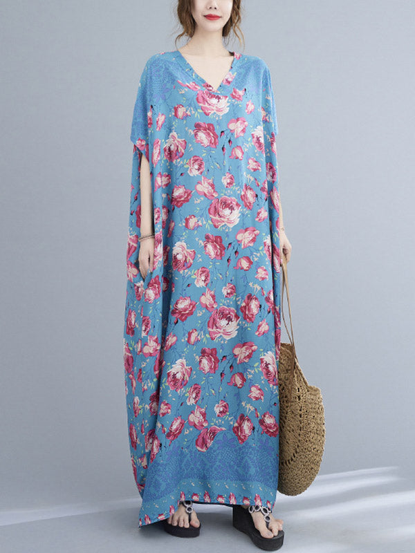 Loose Floral Printed V-Neck Short Sleeves Maxi Dress