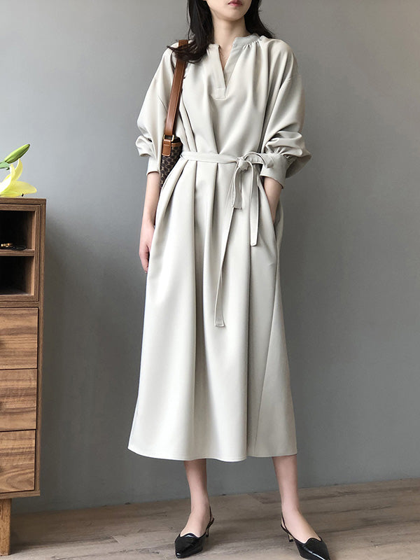 Urban Simple Solid Color Pleated Tied V-Neck Long Sleeves Midi Dress