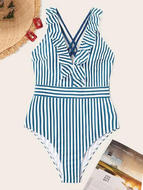 Striped Print Falbala Backless One-Piece Swimwear