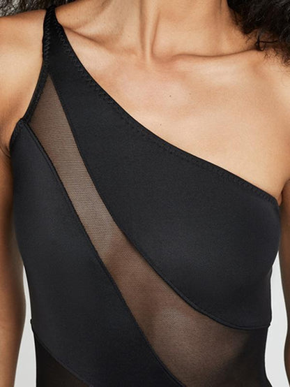 Tulle Black Single Shoulder One-piece Swimwear