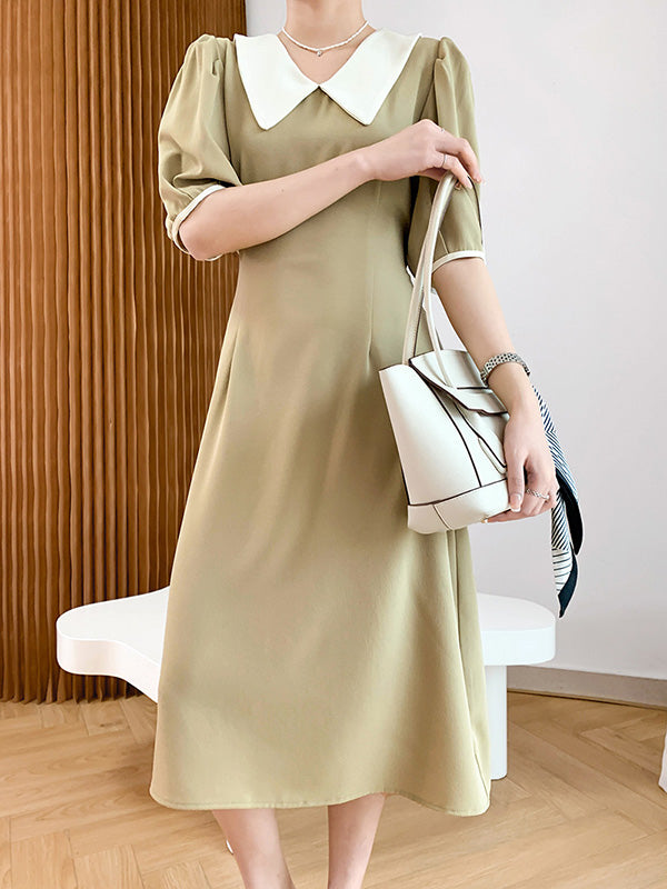 Urban Solid Color Bandage A-Line Lapel Short Sleeves Midi Dress