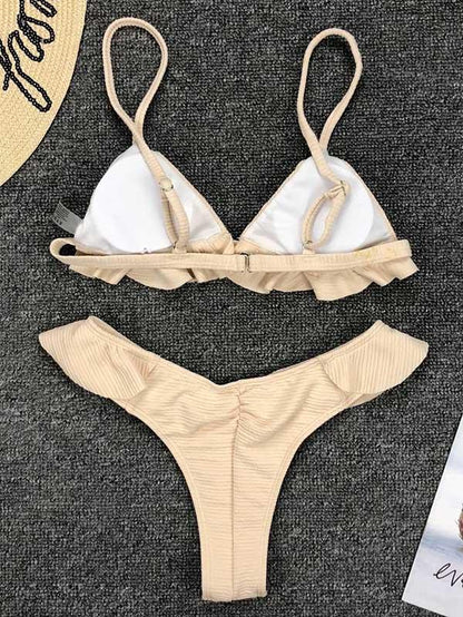 Solid Falbala With Panty Bikini Set