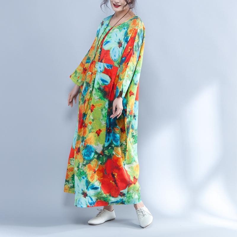 Colorful Printed Round Neck Long Sleeve Spring Dress
