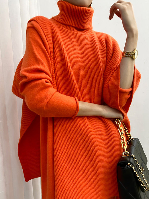 Solid Round-Neck Sweater Dresses And Irregularity Batwing Sleeves High-Neck Cape Set