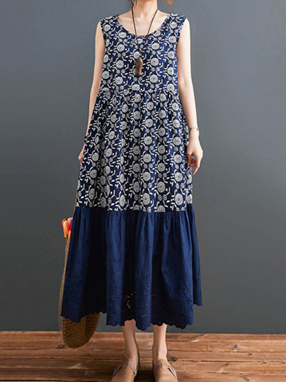 Loose Ramie Cotton National Printed Split-Joint Hollow Pleated Round-Neck Sleeveless Midi Dress