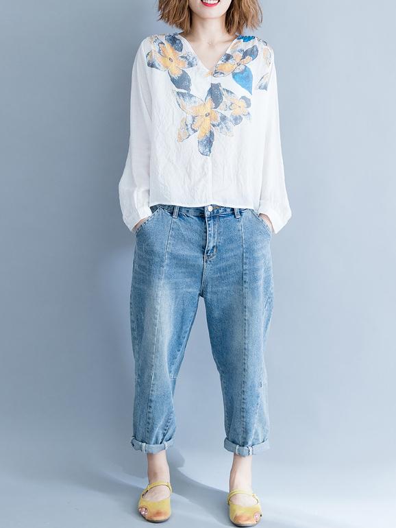 Loose Plus Size Flower Printed Blouse Tops