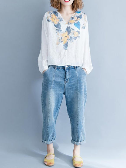 Loose Plus Size Flower Printed Blouse Tops