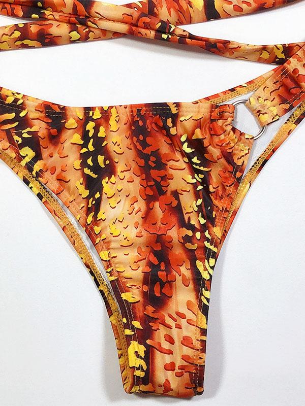 V-Neck Bandage Short Sleeves Printing Bikini Swimsuit