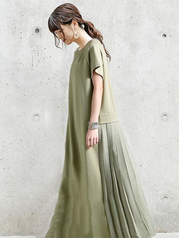Original Solid Color Split-Joint Pleats Midi Dress