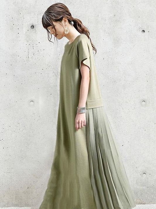 Original Solid Color Split-Joint Pleats Midi Dress