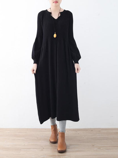 Solid Puff Sleeves Elastic Waist Sweater V-Neck Dress