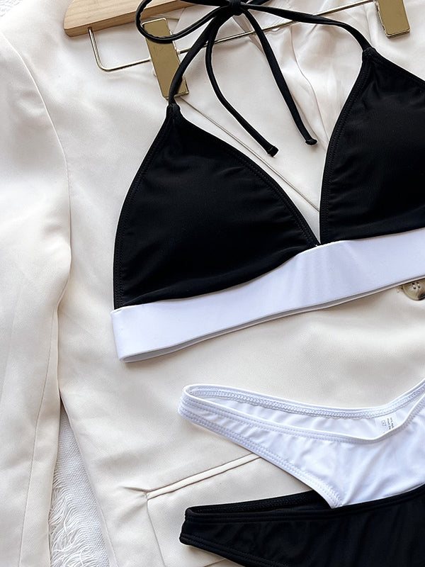 Black White Contrast Color Halterneck Hollow Bikini Swimsuit