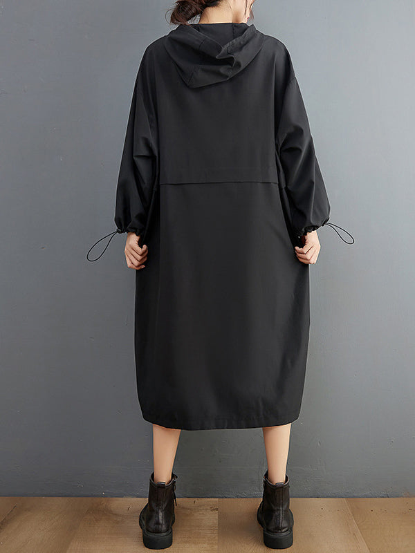 Casual Split-Side Solid Color Hooded Drawstring Long Sleeves Midi Dress