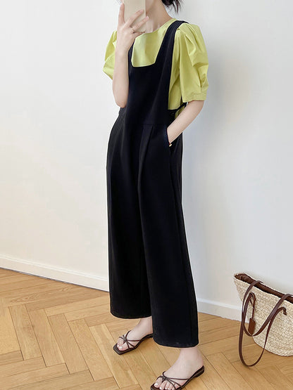 Casual Loose Solid Color Wide Leg Overalls