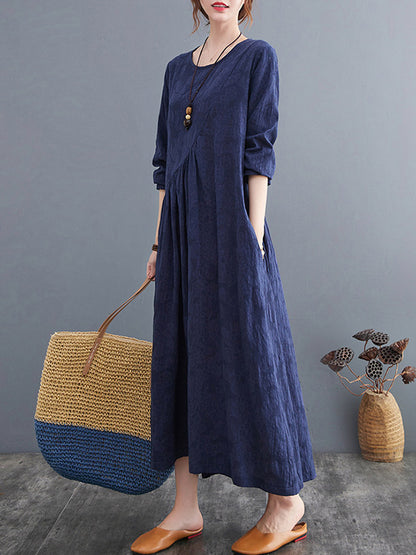 Casual Simple Solid Color Pleated Round-Neck Long Sleeves Midi Dress
