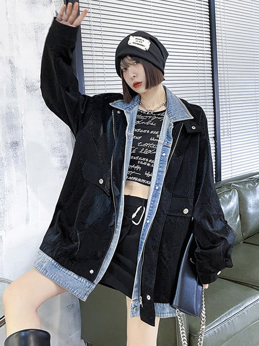 Original Stylish Cool Denim Split-Joint With Pocket Buttoned Lapel Collar Long Sleeves False Two Outwear