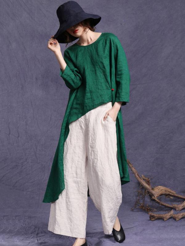 HIGH-LOW LINEN LOOSE SOLID SHIRT TOP