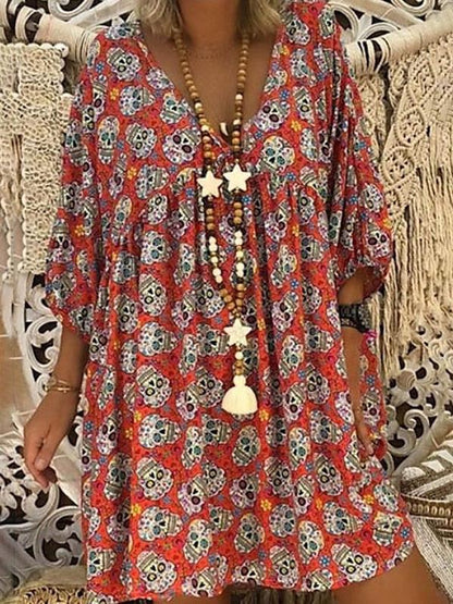 Plus Size V-neck Printed Skull Loose Mini Dress