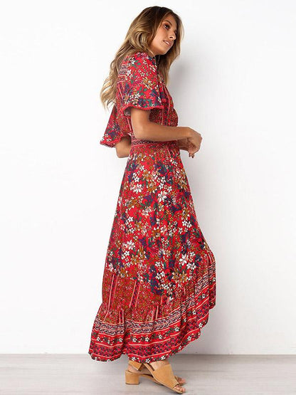 Printed Flared Sleeve Bohemian Flowers Maxi Dress