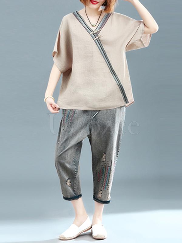 Loose Linen Frog V-neck T-shirt