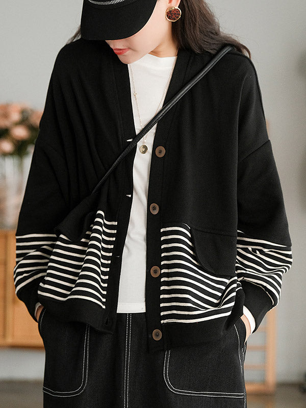 Casual Striped Buttoned V-Neck Batwing Sleeve Outerwear