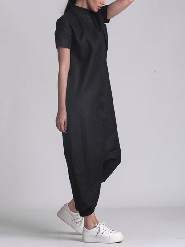 Simple Black Stand Collar Low Crotch Short Sleeves Jumpsuits