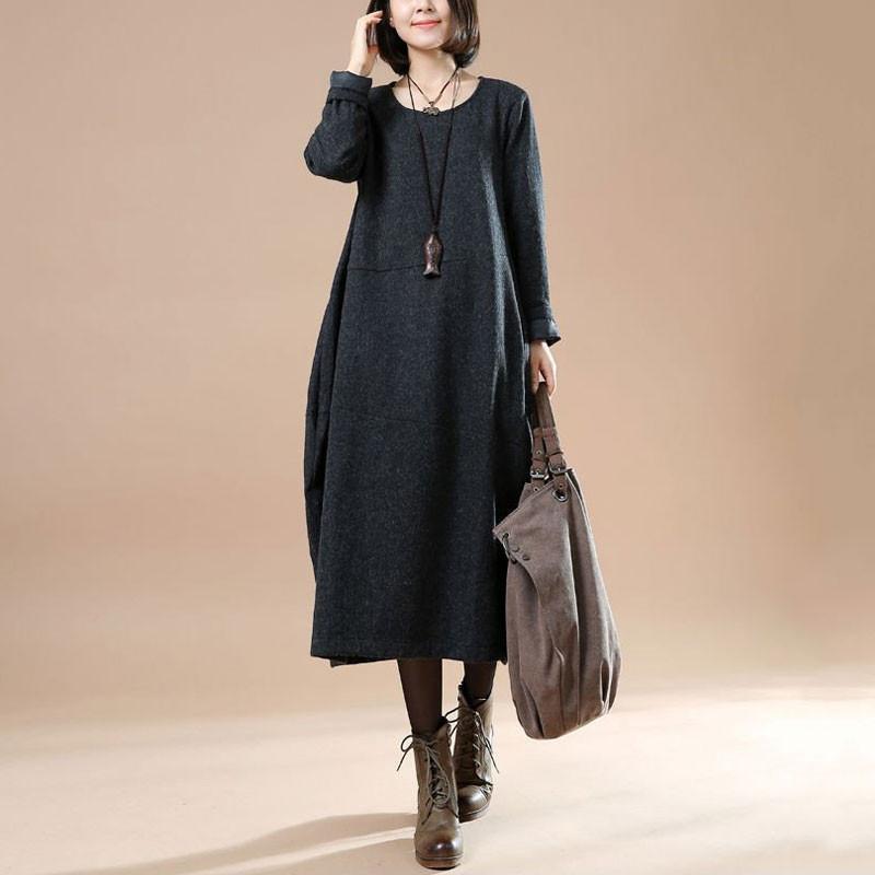 Autumn Large Size Women's Long Sleeve Wool Dark Gray Dress
