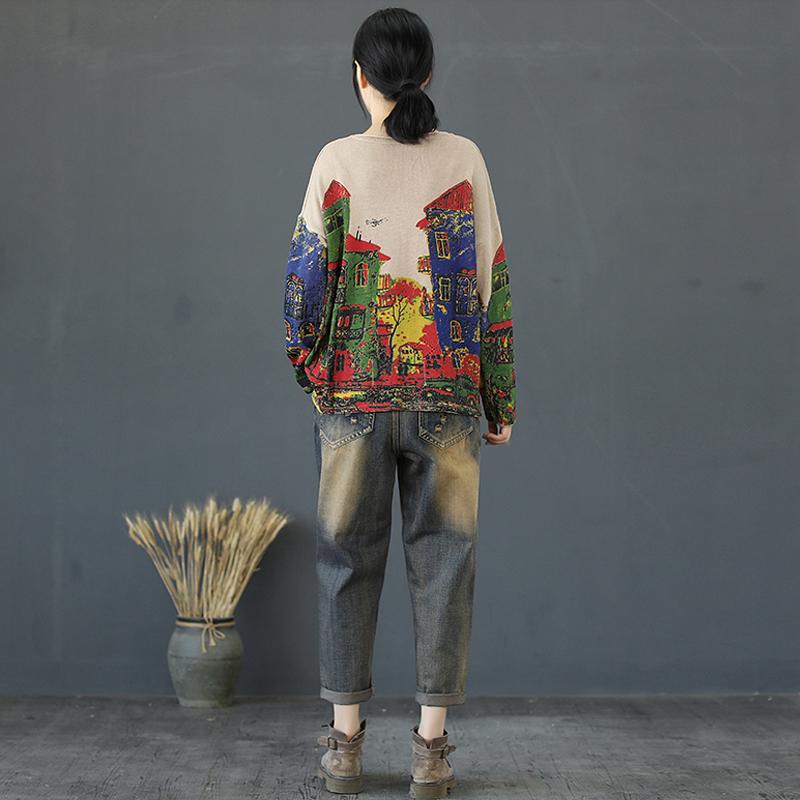 Buykud Print Long Sleeve Comfortable Breathable Sweater