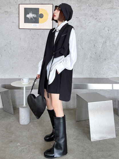 Cool Irregular Solid Color Split-Joint With Pocket Tied Notched Collar Sleeveless Vest Outwear