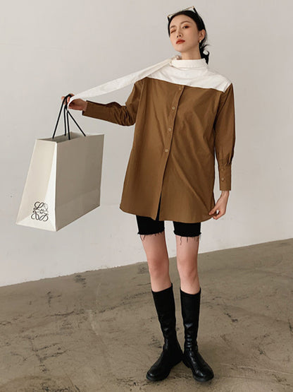 Original Loose Color Matching Split-Joint Buttoned Stand Collar Long Sleeves Blouse