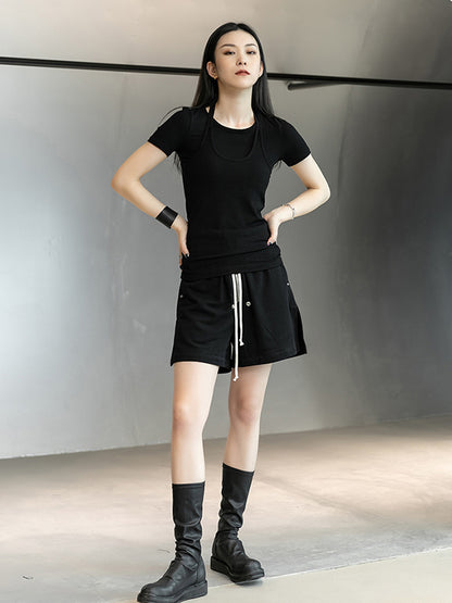 Stylish Halterneck Solid Color False Two Short Sleeves T-Shirt