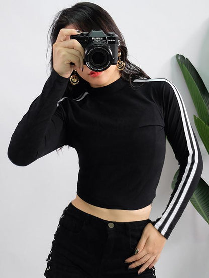 Long Sleeve Contrast Trim Casual Tees