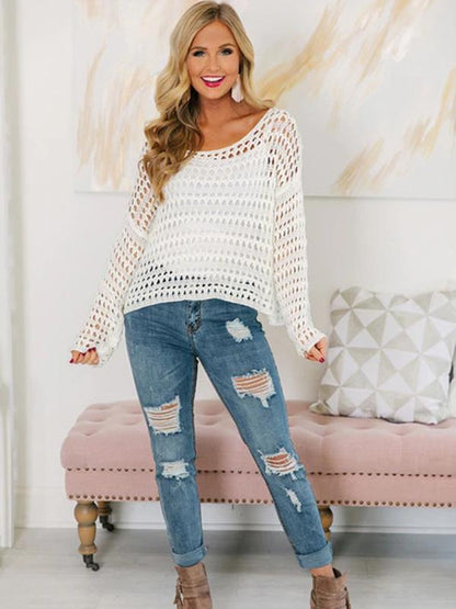 White Long Sleeve Hollow Blouses&Shirts Tops