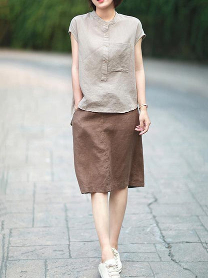 Solid High-low Short Sleeves Shirt
