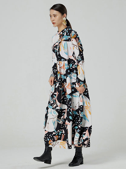 Stylish Buttoned Printed Loose Long Sleeves Midi Dress