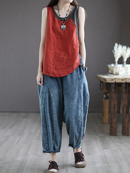 Leisure Split-Joint Linen Contrast Color Round-Neck Vest