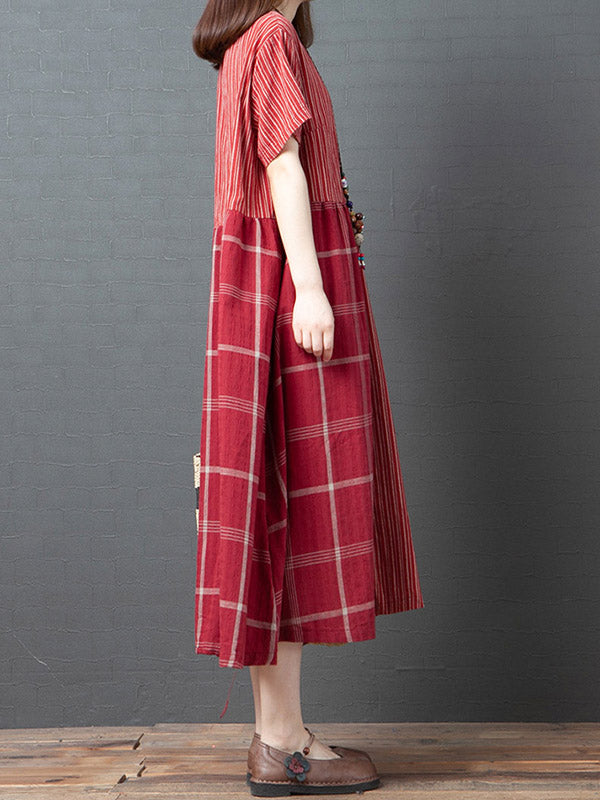 Artistic Retro Loose Split-Joint Striped Plaid V-Neck Short Sleeves Midi Dress
