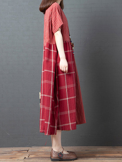 Artistic Retro Loose Split-Joint Striped Plaid V-Neck Short Sleeves Midi Dress