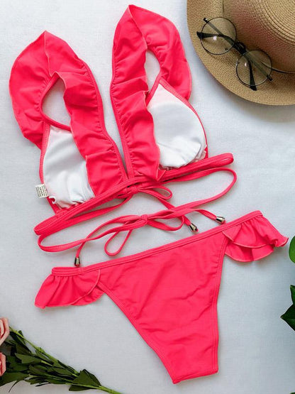 Lettuce Frilled Cross Strappy Plain Bikini Swimsuit