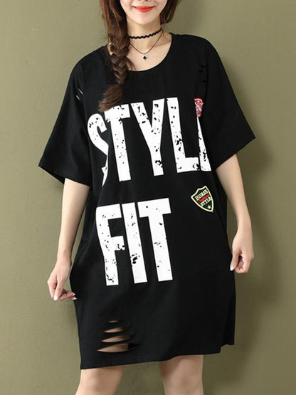 Loose Oversize Printed Letter Shredded Dress